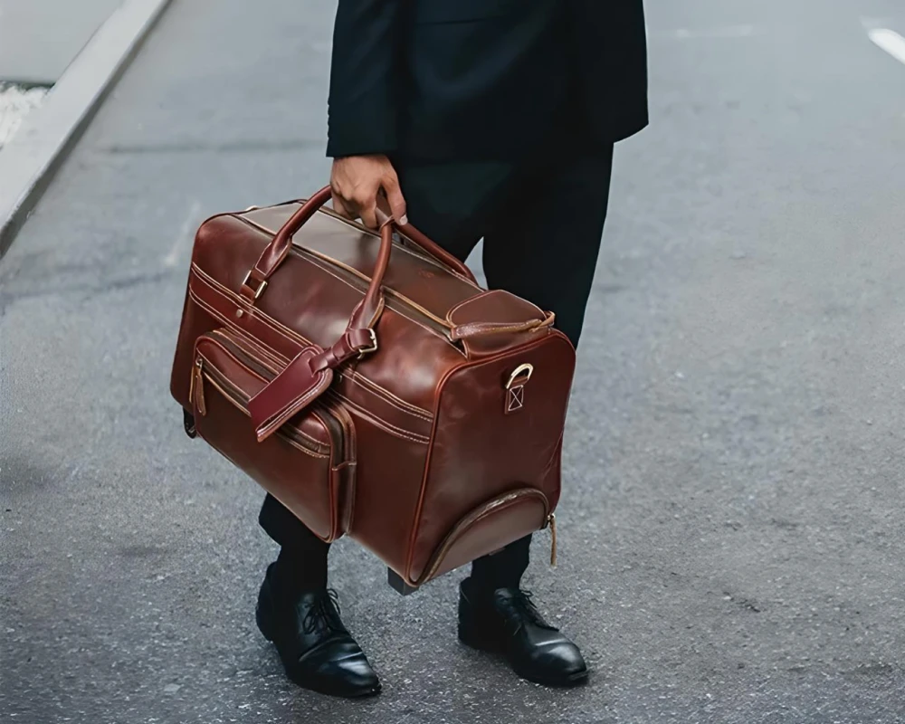 leather carry on duffle bag